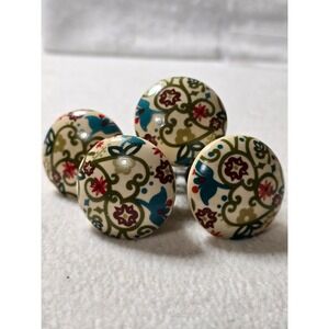 Set of 4 Ceramic Cabinet Knobs Drawer Pulls‎ Folk Floral Design Cream Blue Green
